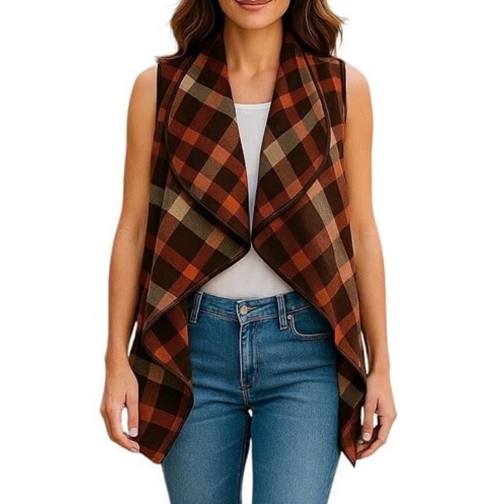 Favlux Red/Brown Plaid Waterfall Sleeveless Open Front Vest